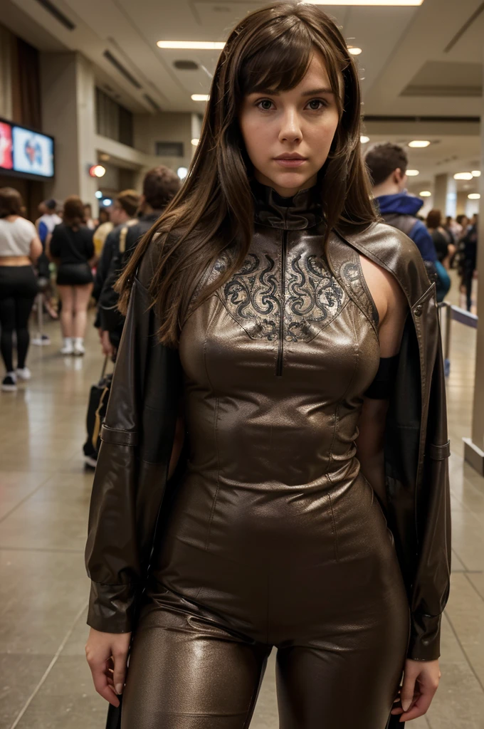 Hyper-realistic full-body-shot photo. young teenager Millie Bobby Brown with bangs and a tremendous mass of brown hair dressed in a random hairstyle. She is cosplaying Catwoman inside a geek convention hall. The costume is hyper-sexy and tight. Hyper-realistic face and body. Hyper-intricate details in the hair. 8K, HDR quality.