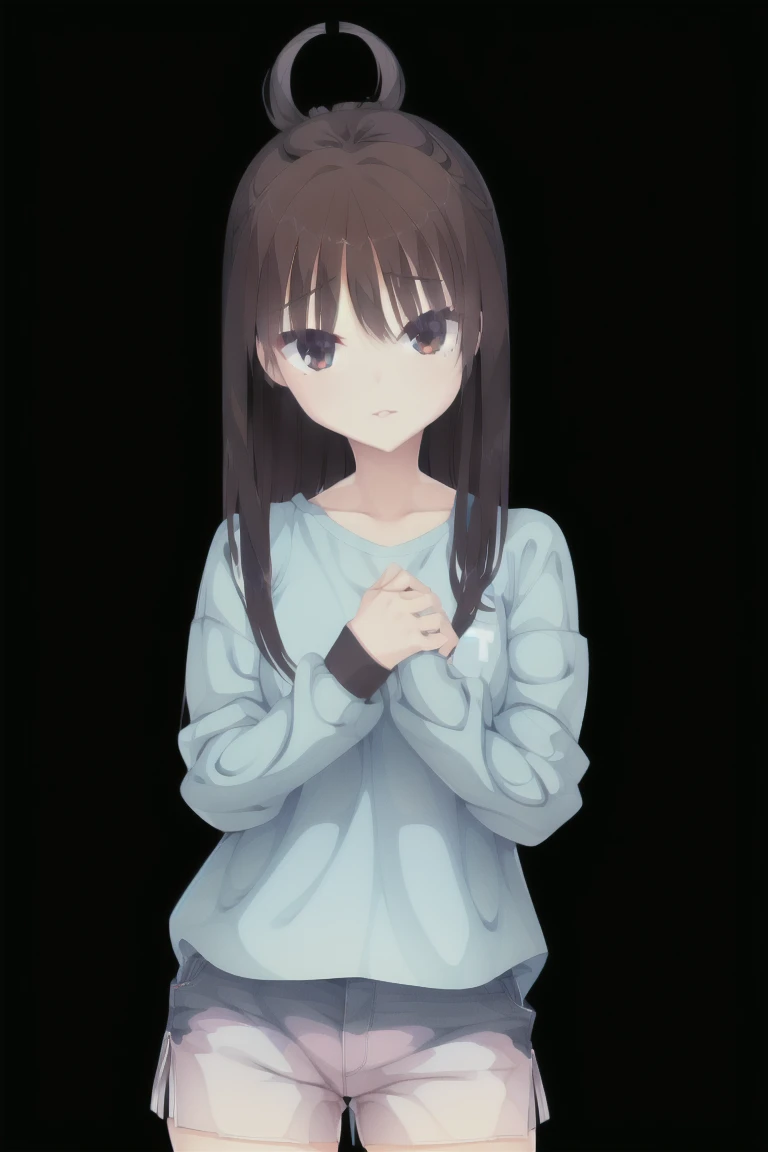 1girl,bangs,brown_hair,独奏,black_hair,closed_eyes,jewelry,shorts,short_hair,cowboy_shot,stuffed_toy,standing,indoors,shirt,short_sleeines,box,white_shirt,bracelet,in,t-shirt,lips,chair,hands_up,pose,double_in,photo_(medium),print_shirt,dolphin_shorts,Character portrait, whole body, expensive_solve, clear_image, expensive_Contrast, 8K, Sparkling, beautiful_detailed_face_and_eye, (Brown Hair:1.25), 白 eye,Black background,full body, Character portrait, whole body, expensive_solve, clear_image, expensive_Contrast, 8K, Sparkling, beautiful_detailed_face_and_eye, (Black Hair:1.25), 白 eye,Black background
