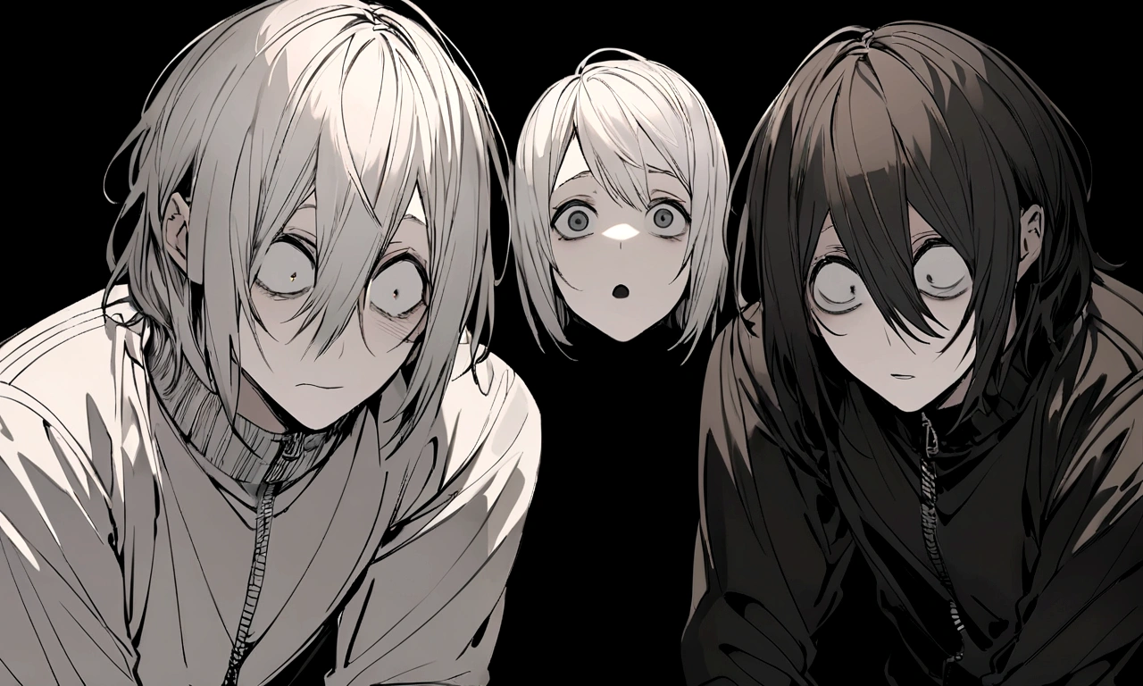 black and white drawing, black background, human, 26 year old male, black neat hair, a lonely face, wearing gray tracksuit, squat down, raise one's eyes, scream, shout, nier.