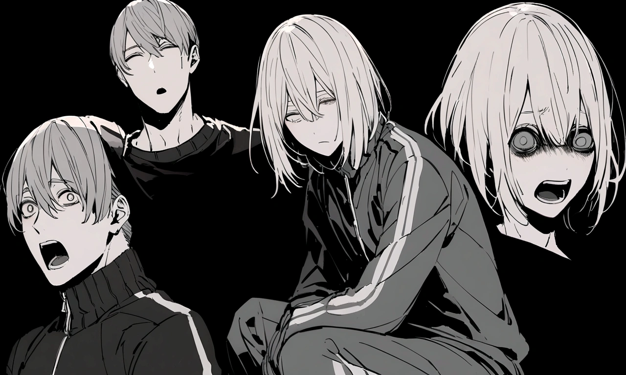 black and white drawing, black background, human, 26 year old male, black neat hair, a lonely face, wearing gray tracksuit, squat down, raise one's eyes, scream, shout, nier.