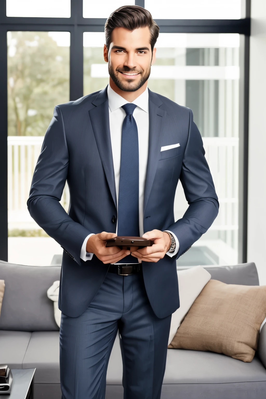 A man, serving as a seasoned real estate agent, is elegantly dressed in a smart navy blue suit with subtle gray stripes. His dark brown hair, slightly wavy, frames his piercing green eyes that radiate confidence and a warm, welcoming demeanor. A twinkle in his eyes conveys both professionalism and friendliness, as he talks to potential clients with ease. He is holding a distinguished brown leather briefcase in one hand, and a set of keys in the other, ready to unlock new opportunities. The image's backdrop showcases a contemporary, well-designed living room, with large windows allowing an abundance of natural light to flood in, further highlighting the agent's sharp presentation