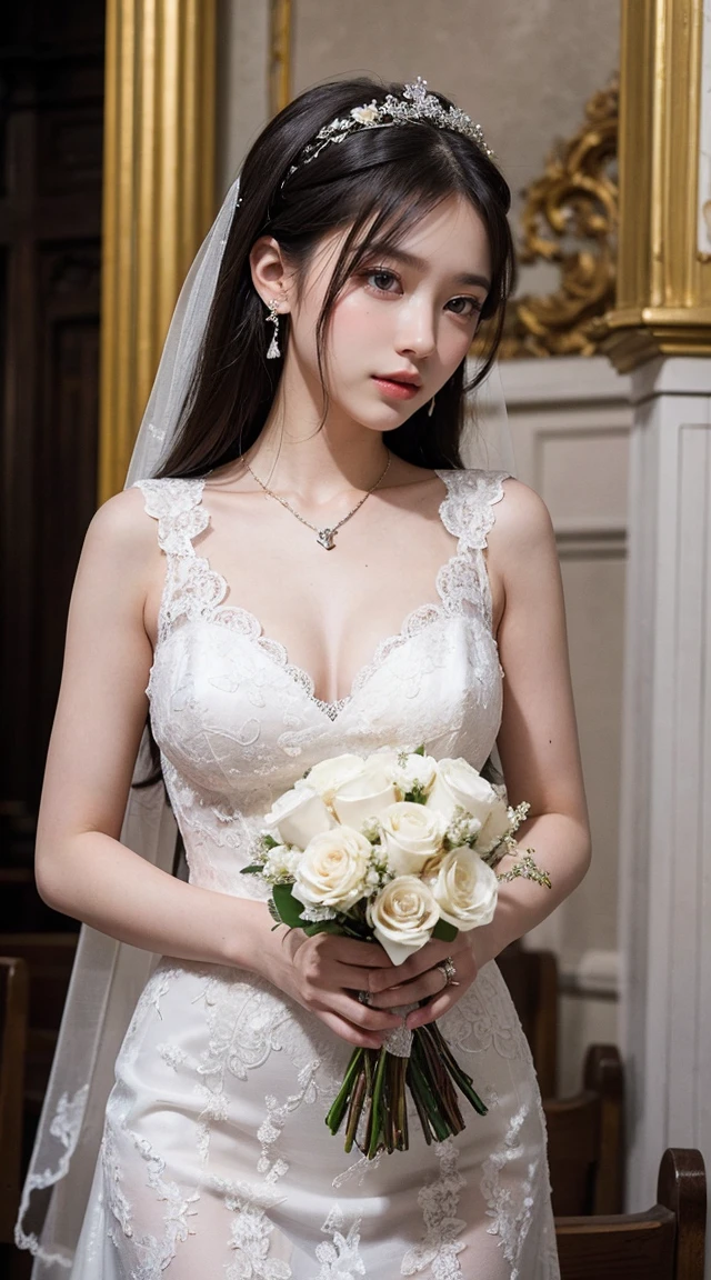 Top-quality Realistic, Official art, Highly detailed CG Unity 8k wallpaper,(masterpiece:1.3), (8k, photorealistic, RAW photo, best quality: 1.4), (1 girl), pretty face, (realistic face), (black hair, medium hair:1.3), beautiful hairstyle, realistic eyes, detailed fine eyes, (realistic skin), beautiful skin, (ed top), absurd, attractive, super detailed resolution, surreal golden ratio, very detailed, Full body, Japanese Idol,(Floral lace Wedding dress:1.3),BREAK,(Heart shaped necklace),(Triangle ornament earrings),BREAK, (gentle smile like a goddess),(in church surrounded by a majestic baroque atmosphere:1.2),standing position, Hold a large bouquet in front of your chest, Wide View
