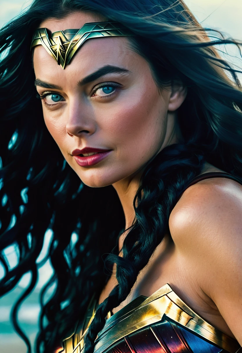 (((Extreme close-up Margot Robbie long black hair under the mantle of the Amazon warrior Wonder Woman images Surreal cinematographic HD images Color Splash))),(((dreadlocks))),(((Diaema Wonder Woman)))