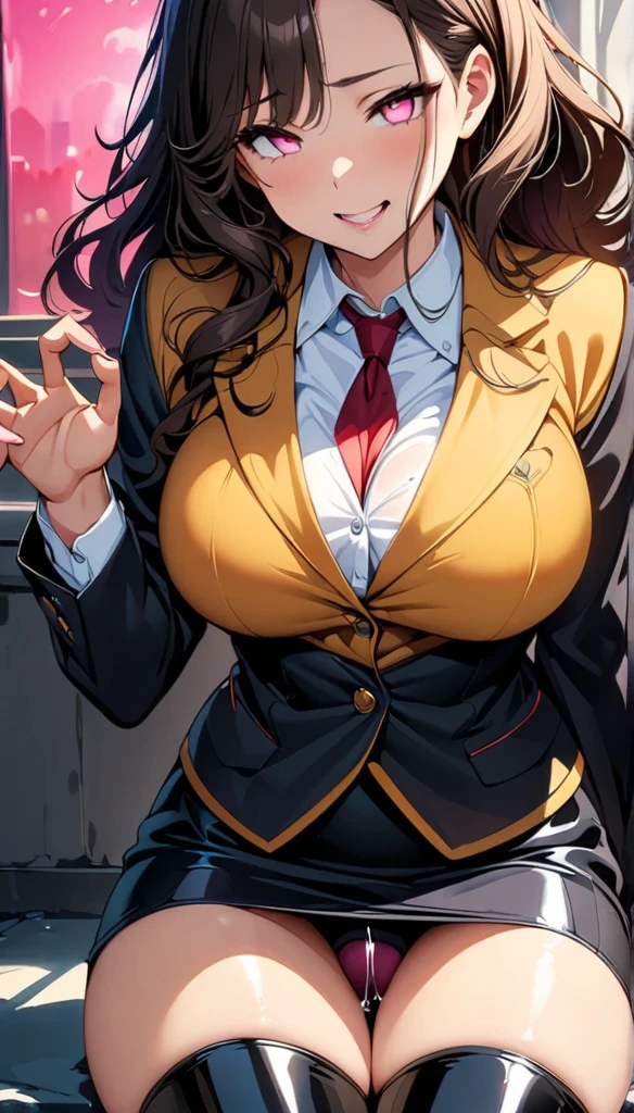 (highest quality:1.2,evil lady,cg, Very detailed, High Detail, digital coloring, High Contrast, masterpiece:1.2,suits, highest quality, Best aesthetics), 8k,masterpiece, cute,tall,beautiful,best quality, 1lady,brown hair,long hair,wavy hair,empty eyes, (finely detailed glowing eyes and detailed face),,,,extremely detailed cg unity 8k wallpaper,solo,(latex military costume:0.9),large breasts,seductive smile,,latex thighhigh,large breasts,black hair,pink eyes,no jacket,formal shirts,pantyhose,,enamel suits,grossy lips,sitting,tight skirt,sadistic smile,,heel,shiny skin,tight  skirt,detailed face,beautiful body,,adult,,show me breasts,sadistic,seductive smile,business suits,latex,no tie,bust shot,((Blowjob Gestures:1.5)),open mouth