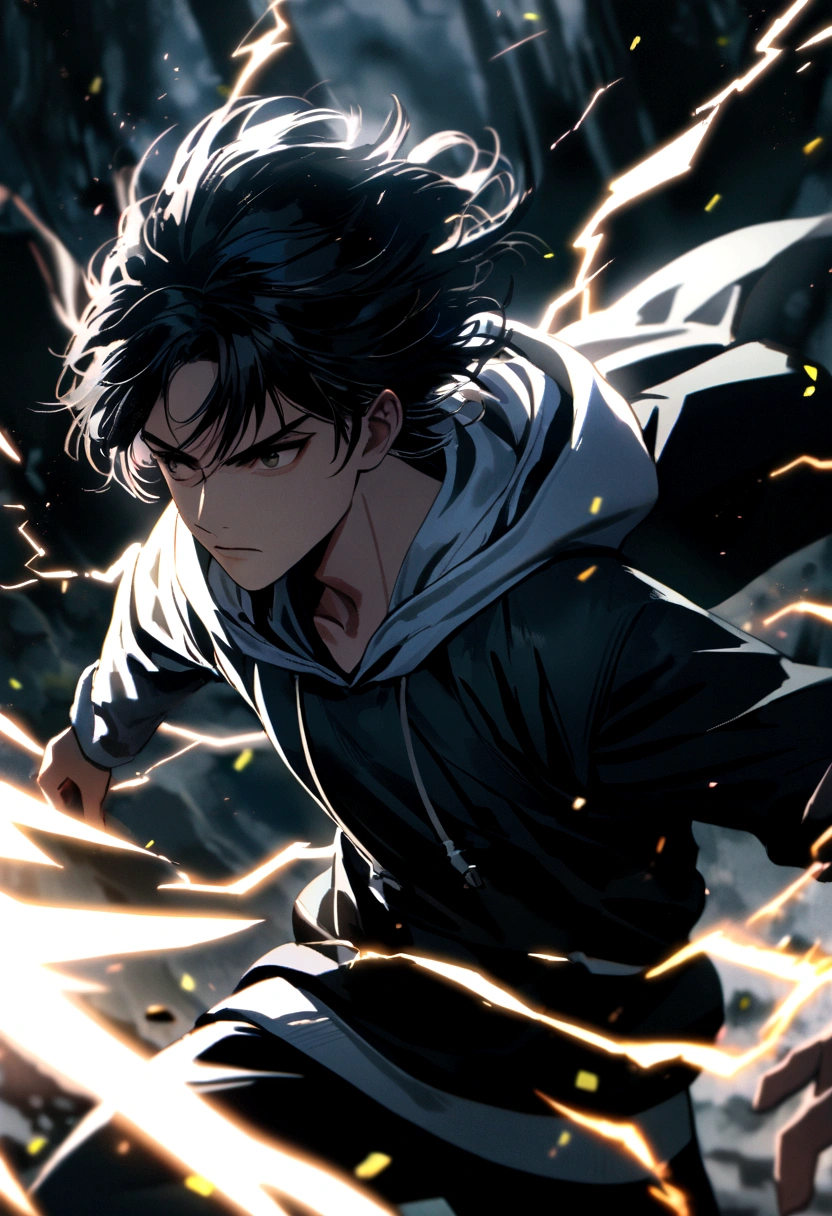 a young man with long black hair, wearing a black and white hoodie, electricity sparking around his body, cinematic lighting, dramatic pose, dynamic action scene, moody atmosphere, intense colors, digital art