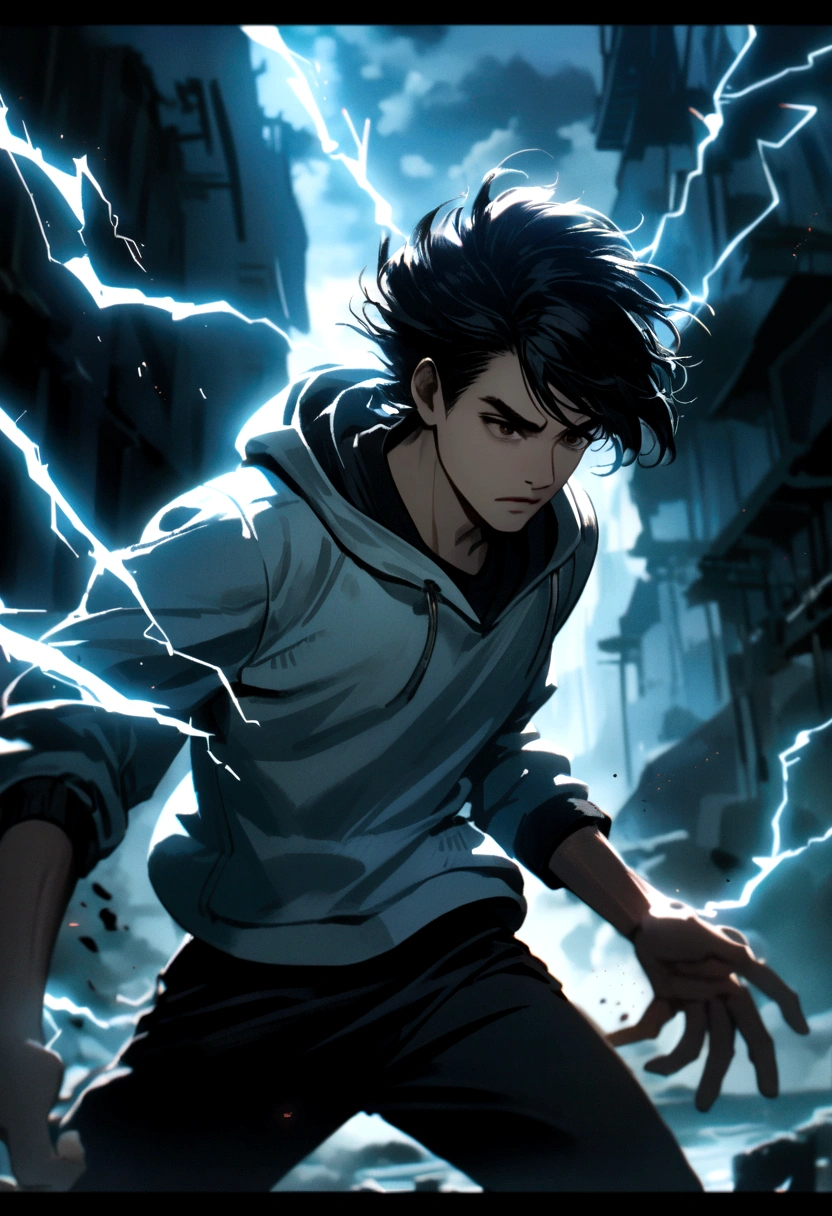a young man with long black hair, wearing a black and white hoodie, electricity sparking around his body, cinematic lighting, dramatic pose, dynamic action scene, moody atmosphere, intense colors, digital art