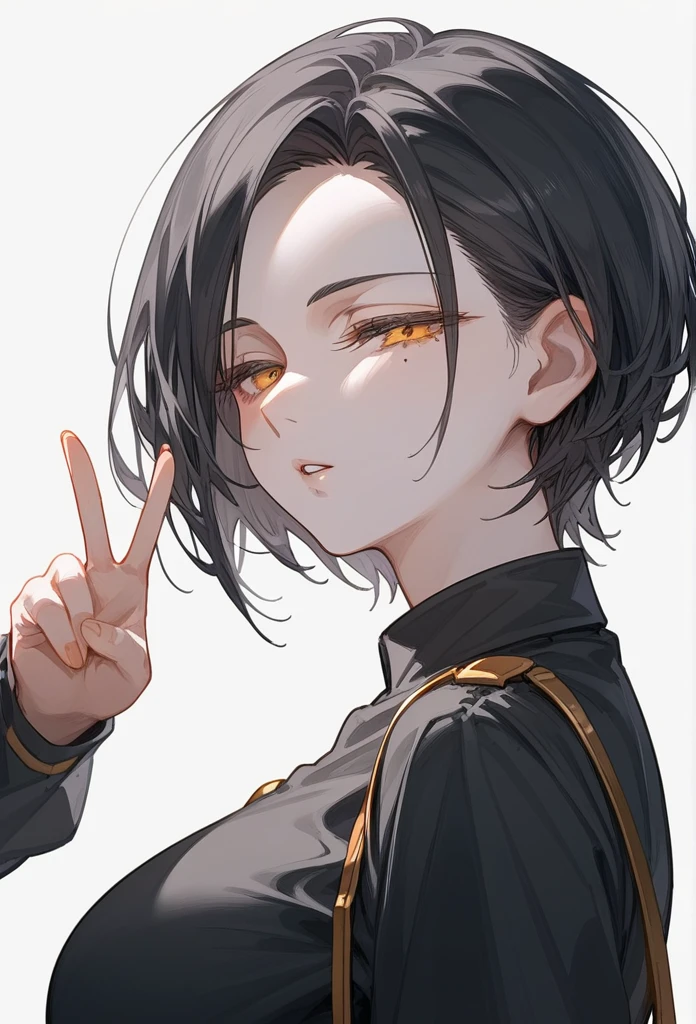 masterpiece, Score_9, Score_8_up, Score_7_up, rear view, 1 woman, alone, dark black hair, very short hair, long parted bangs, gold and orange eyes, half-closed eyes, parted lips, expressionless, pale skin, large breasts, top body,
Long open bangs, with a mole below the mouth, cut style (boy), No bangs, basic black shirt with V-neckline and straps.