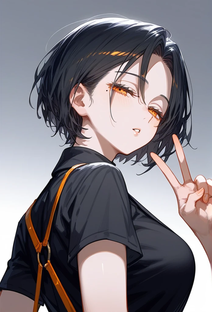 masterpiece, Score_9, Score_8_up, Score_7_up, rear view, 1 woman, alone, dark black hair, very short hair, long parted bangs, gold and orange eyes, half-closed eyes, parted lips, expressionless, pale skin, large breasts, top body,
Long open bangs, with a mole below the mouth, cut style (boy), No bangs, basic black shirt with V-neckline and straps.