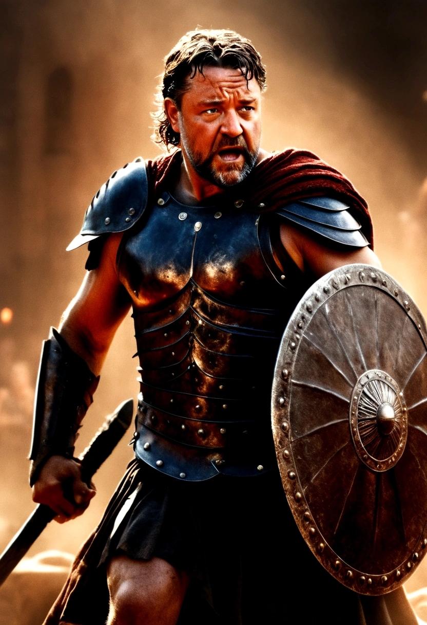 Russell Crowe as the Gladiator, muscular male figure, holding a sword in one hand and a shield in the other, fierce battle stance, fighting against another gladiator, intricate armor, detailed facial features, high contrast lighting, dramatic battle scene, cinematic composition, gritty, realistic, 8k, photorealistic, masterpiece, dramatic lighting, dynamic action pose, intense gaze, powerful, heroic, epic, historical, cinematic, chiaroscuro lighting