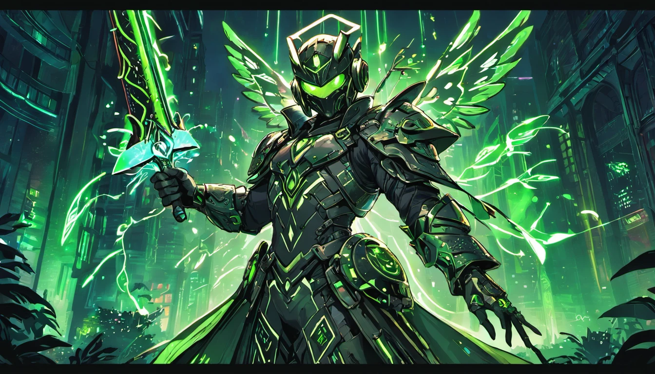 warrior in hummingbird armor, with face with glowing magic tattoos, green neon details, with technological medieval armor with glowing magic marks, full body, hummingbird beak sword with glowing magic marks. Epic scene, wide and deep scenery, with several depth planes, stylish and dynamic pose. In the middle of a retro atompunk magical metropolis, mixing technology and greenery, buildings with neon details and glowing magical vegetation.