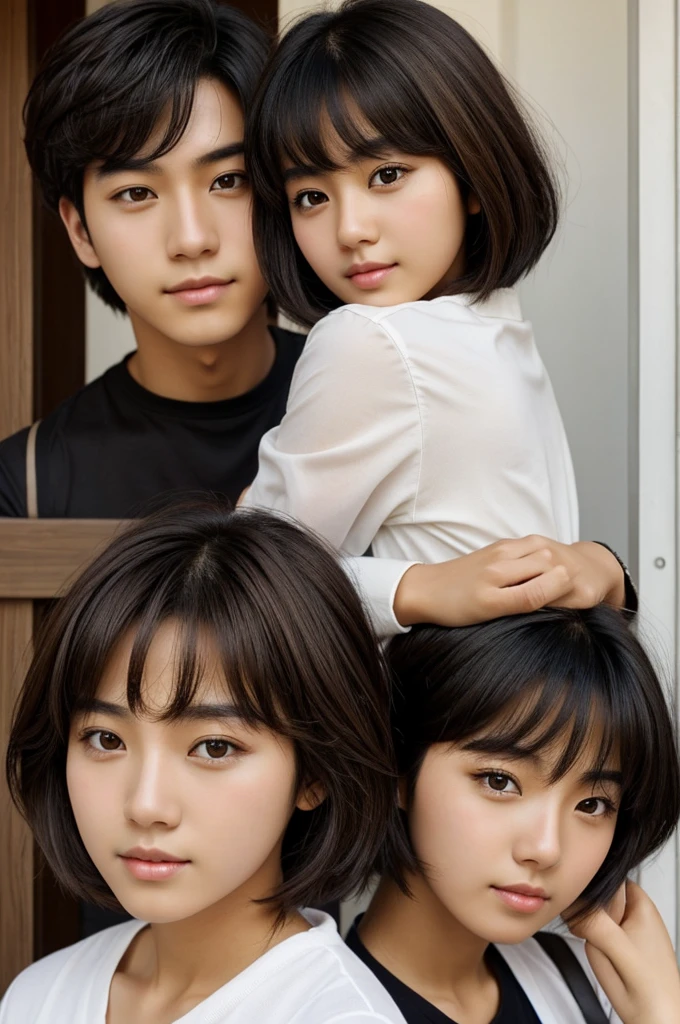 Make a girl brown, short black hair, And brown eyes, and next to it a Korean boy