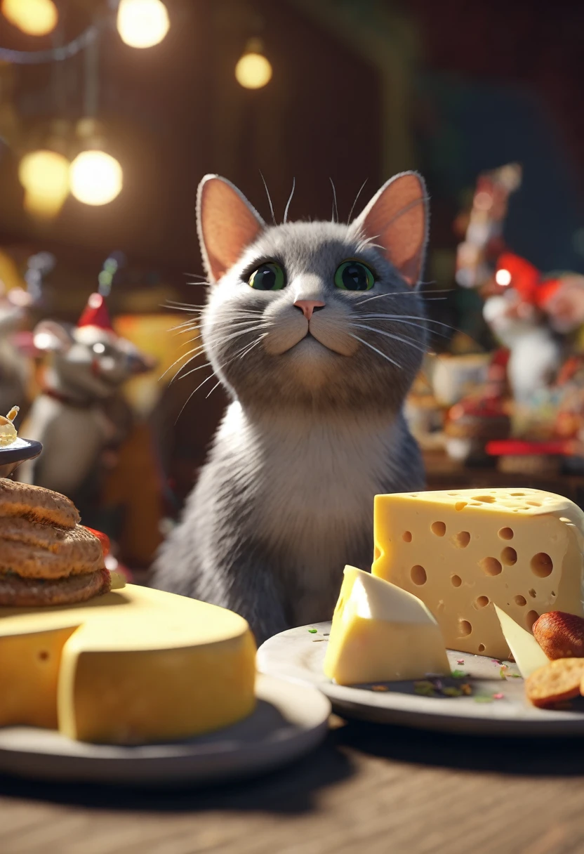 a cat in a cat party, a rat by its side, all eating swiss cheese, cinematic, octane, render 3d
