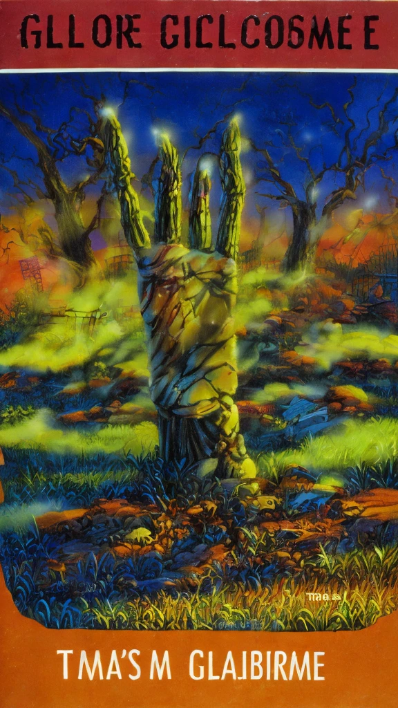 A Close Up shot Of A Zombie’s hand coming out of the ground,((goosebumps art by tim jacobus))),book titled “revenge of the graveyard ghouls”