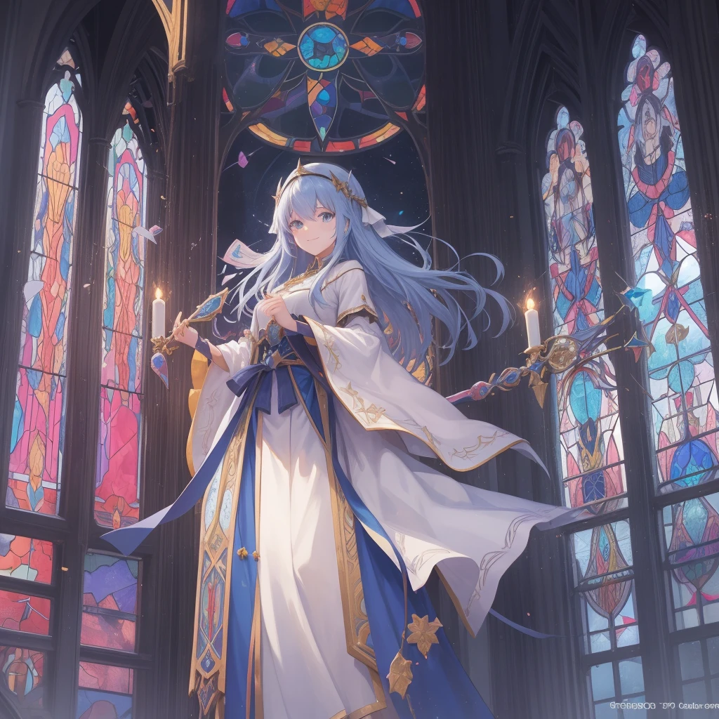 tarot
justice
axis、young woman、smile、Blue Hogow、Cathedral in the background((Stained glass))、Valentine&#39;s Chocolate、Surrounded by believers、Light tones、Gothic style、Decorative edging design。
,Add_Details:1, Add_Details:0, Add_Details:0.5