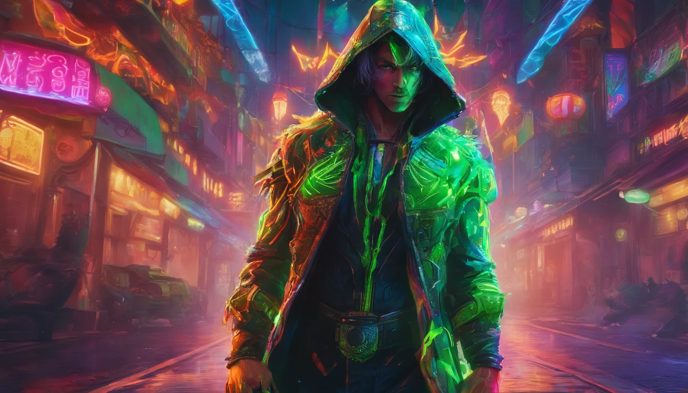 warrior in hummingbird armor, with face with glowing magic tattoos, green neon details, with technological medieval armor with glowing magic marks, full body, hummingbird beak sword with glowing magic marks.  Epic scene, wide and deep scenery, with several depth planes, stylish and dynamic pose.  In the middle of a retro atompunk magical metropolis, mixing technology and greenery, buildings with neon details and glowing magical vegetation.