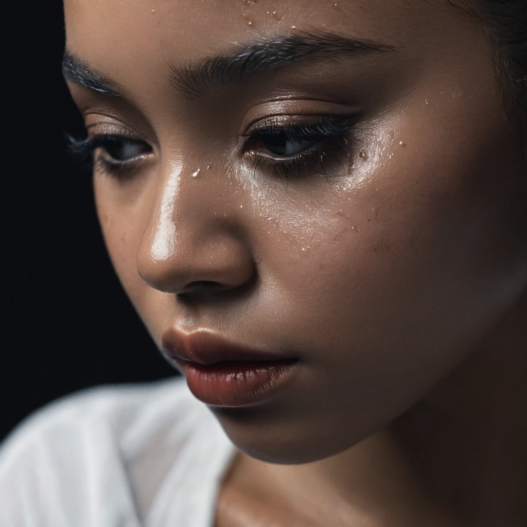 close up and zoomed in on a beautiful depressed emotional sad crying black girl with crying a single teardrop running down her face and a black background, sad, depressed, emotinoal, close up on side profile only showing cheek and eyelight falling on face, noir photorealism, mysterious portrait of a woman, chiaroscuro portrait, close up on side profile, tinashe, zoe kravitz, zoomed in on tear drop, euphoria vibes, tears, crying, black and white, dark