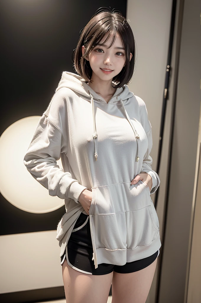 masterpiece、Highest quality、Best image quality、Woman with a height of 165 cm、Super Short Hair、Natural Makeup、Eyelash extensions、Draw eyelashes sharply、Show your teeth and smile happily、(Stand with your whole body facing the viewer:1.5)、Japanese 、In the shopping district、(Clothes with simple designs、Oversized white hoodie:1.5)、(Dolphin shorts without pockets:1.3)、(Camel Toe:1.3)、Blur the background、(Cowboy Shot:1.3)、(View the subject from below:1.3)