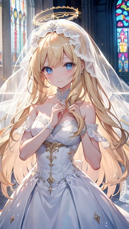 Very long hair、blonde、Detailed sparkly eyes、Sea Blue Eyes、Three pairs of angel wings、Angel halo on head,smile、Embarrassing、Shine、reflected light、Film Grain、masterpiece、Textured skin、Very detailed、High detail、high quality、最high quality、High resolution、16K、Shine、church,Veil,Sheer Wedding Dresses、Race,Frills,Stained glass