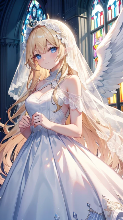 Very long hair、blonde、Detailed sparkly eyes、Sea Blue Eyes、Three pairs of angel wings、Angel halo on head,smile、Embarrassing、Shine、reflected light、Film Grain、masterpiece、Textured skin、Very detailed、High detail、high quality、最high quality、High resolution、16K、Shine、church,Veil,Sheer Wedding Dresses、Race,Frills,Stained glass