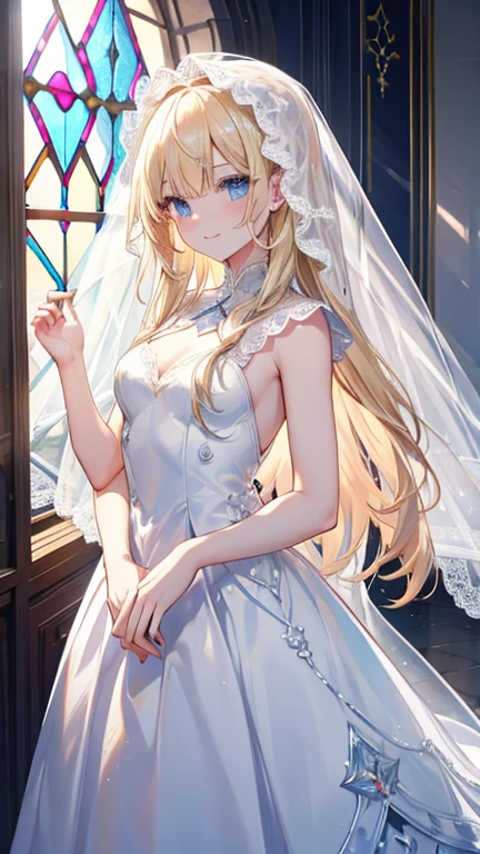 Very long hair、blonde、Detailed sparkly eyes、Sea Blue Eyes、Three pairs of angel wings、Angel halo on head,smile、Embarrassing、Shine、reflected light、Film Grain、masterpiece、Textured skin、Very detailed、High detail、high quality、最high quality、High resolution、16K、Shine、church,Veil,Sheer Wedding Dresses、Race,Frills,Stained glass