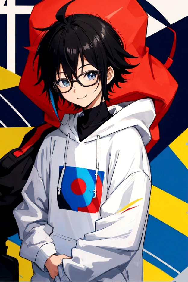 boy,20-year-old,Anime Images,Colorful Hoodies,Black Hair,intellectual,Glasses,Fearless smile,Upper Body,No background