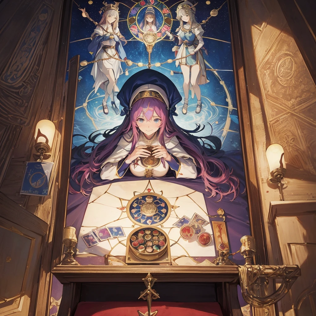 Tarot Cards(Female Pope(Salvator Mundi)のLast Supper( canteen Draw on canvas(Stained glass(Valentine hologram Blue light swirling) Last Supper holy grail Christ smile)Anime Poster、oil)