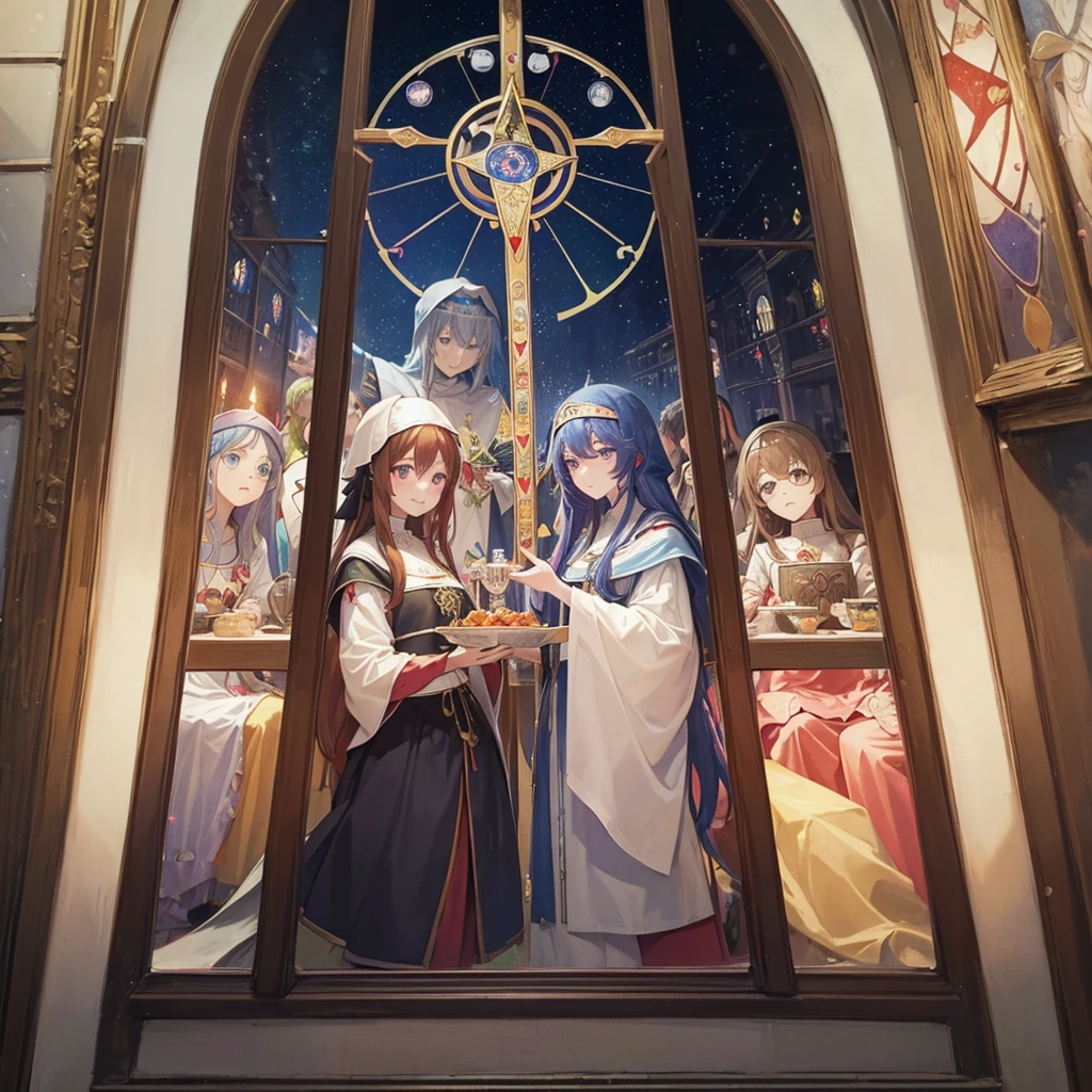 Tarot Cards（Female Pope(Salvator Mundi）のLast Supper（　canteen　Draw on canvas（Stained glass（Valentine　hologram　Blue light swirling）　Last Supper　　holy grail　Christ　smile）Anime Poster、oil）
