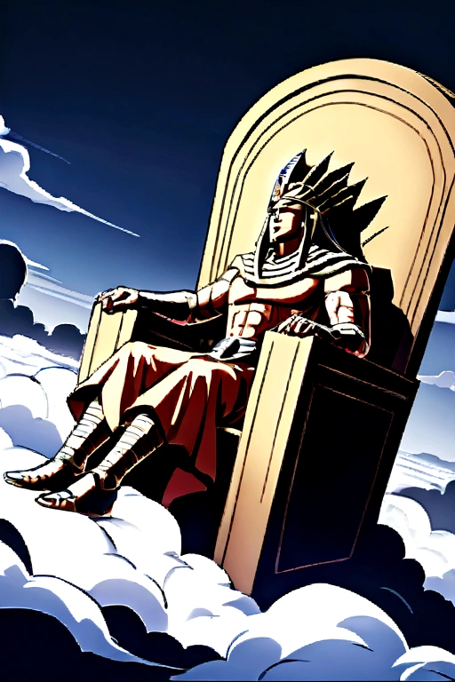 Stromg egyptian king , sitting on throne comprised of clouds , front perspective
