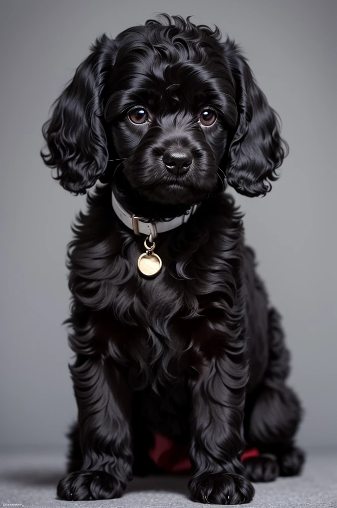 Consistent character of black poodle puppy, with white spot on the chest
