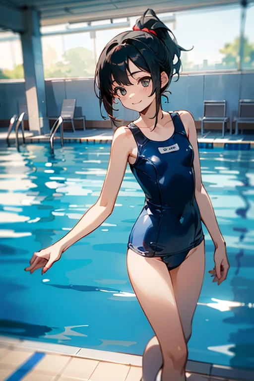 Browsing Caution、With the highest quality、age girl standing in swimming pool。High resolution、Beautiful details、Quiet atmosphere。Black hair ponytail、Cute Smile.。Small breasts、Cute School Swimsuits。