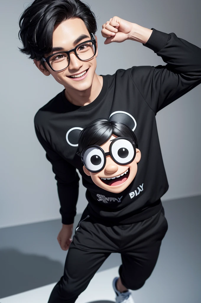 Fun boy character,disney pixar style,3d,very small,with black side hair, Social t-shirt with suit, black social sneakers, black formal style pants, with happy face, 
light brown skin,Black Square Glasses, white background 8k quality