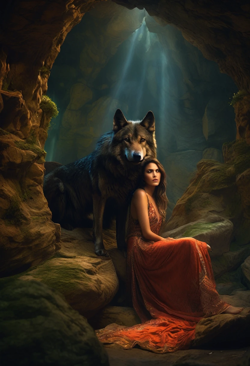 (Beautiful druid girl:1.3) Hugging the Wolf  (Extremely detailed CG 8k unity wallpaper,work of art, best qualityer, ultra detali, beautiful and detailed eyes:1.2),better lighting, (best shade, extremely delicate and beautiful, blossom), work of art, best qualityer:1.1, realisitic:1.3, cinematic lighting:1.2, in a dark cave:1.5, ultra fotorrealisitic, fotorrealisitic:1.0, sharp focus:1.1, Depth of field:1.1, 50mm, Nathan Wirth&#39;s style, Hasselblad X1D II, Holds 160 pointed ears, Leprechaun