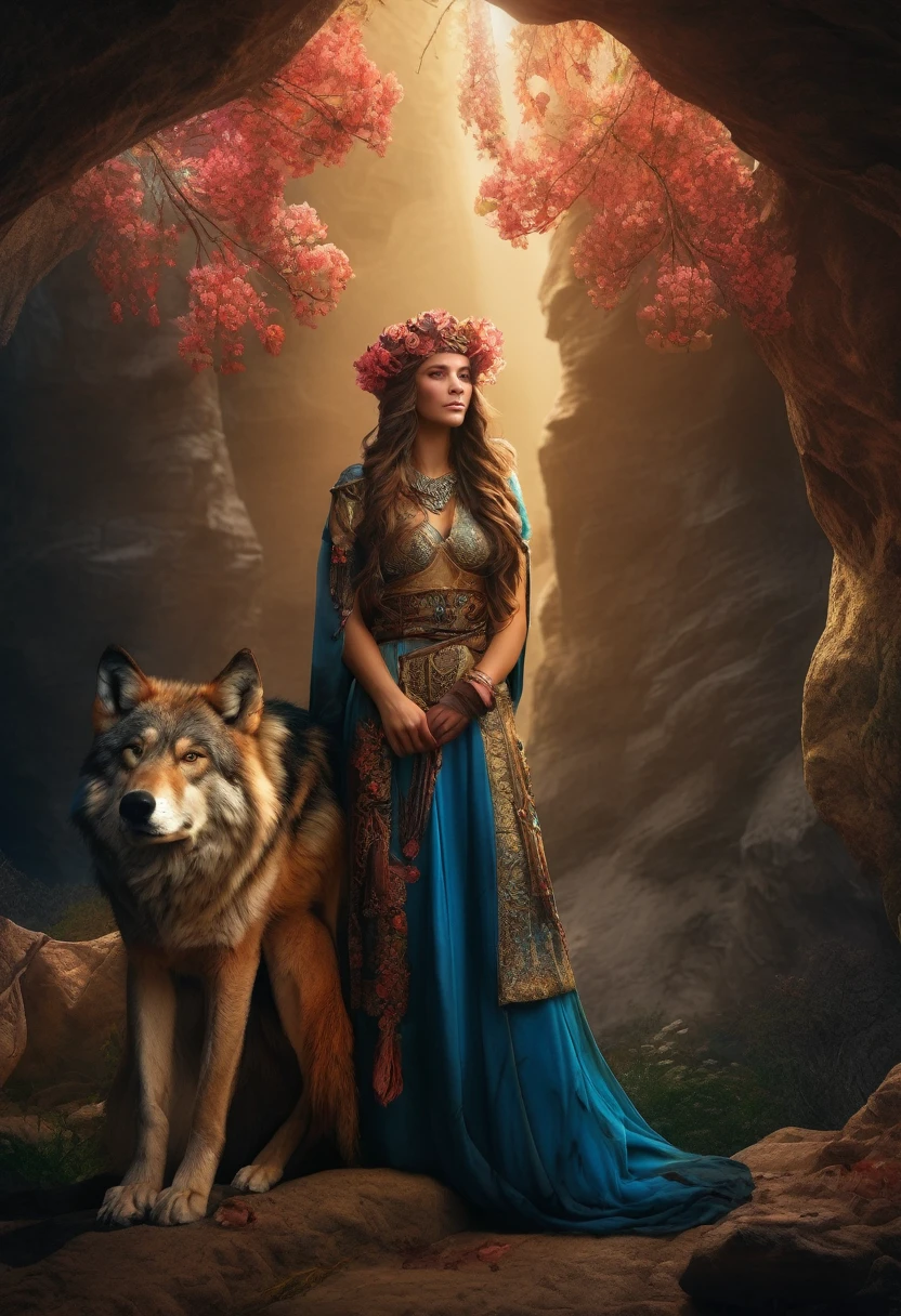 (Beautiful druid girl:1.3) Hugging the Wolf  (Extremely detailed CG 8k unity wallpaper,work of art, best qualityer, ultra detali, beautiful and detailed eyes:1.2),better lighting, (best shade, extremely delicate and beautiful, blossom), work of art, best qualityer:1.1, realisitic:1.3, cinematic lighting:1.2, in a dark cave:1.5, ultra fotorrealisitic, fotorrealisitic:1.0, sharp focus:1.1, Depth of field:1.1, 50mm, Nathan Wirth&#39;s style, Hasselblad X1D II, Holds 160 pointed ears, Leprechaun