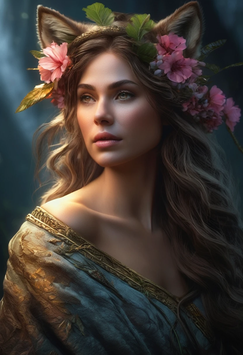 (Beautiful druid girl:1.3) Hugging the Wolf  (Extremely detailed CG 8k unity wallpaper,work of art, best qualityer, ultra detali, beautiful and detailed eyes:1.2),better lighting, (best shade, extremely delicate and beautiful, blossom), work of art, best qualityer:1.1, realisitic:1.3, cinematic lighting:1.2, in a dark cave:1.5, ultra fotorrealisitic, fotorrealisitic:1.0, sharp focus:1.1, Depth of field:1.1, 50mm, Nathan Wirth&#39;s style, Hasselblad X1D II, Holds 160 pointed ears, Leprechaun