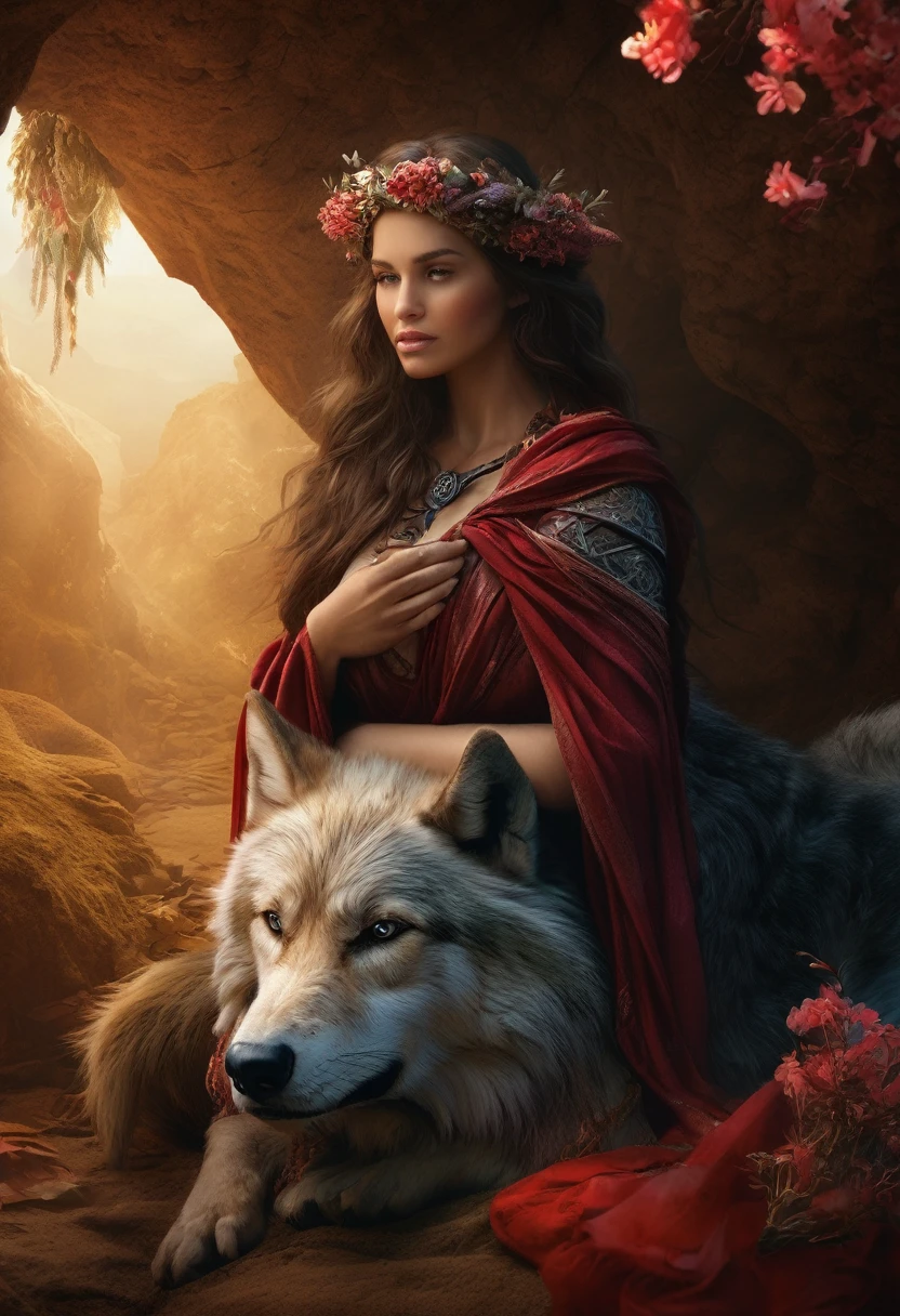 (Beautiful druid girl:1.3) Hugging the Wolf  (Extremely detailed CG 8k unity wallpaper,work of art, best qualityer, ultra detali, beautiful and detailed eyes:1.2),better lighting, (best shade, extremely delicate and beautiful, blossom), work of art, best qualityer:1.1, realisitic:1.3, cinematic lighting:1.2, in a dark cave:1.5, ultra fotorrealisitic, fotorrealisitic:1.0, sharp focus:1.1, Depth of field:1.1, 50mm, Nathan Wirth&#39;s style, Hasselblad X1D II, Holds 160 pointed ears, Leprechaun