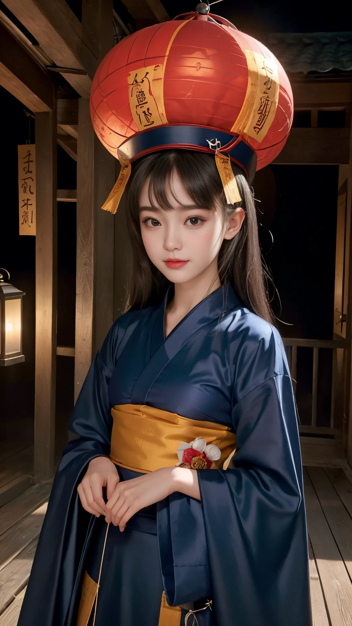 (Highest quality, 8K, masterpiece:1.2), Reality:1.4, One girl,alone, Black Hair, Idol Face, Slender body, Small and slender figure, Beautiful breasts, Have, Light_smile, (Ofuda), China dress, Arms crossed, whole body, Outdoor, Hanging lanterns, night, Higashi Setuna, ((Detailed eyes and face:1.2, Professional photography techniques)), ((Baby-faced beautiful girl:1.2, Cute face)), (Detailed hands and arms)