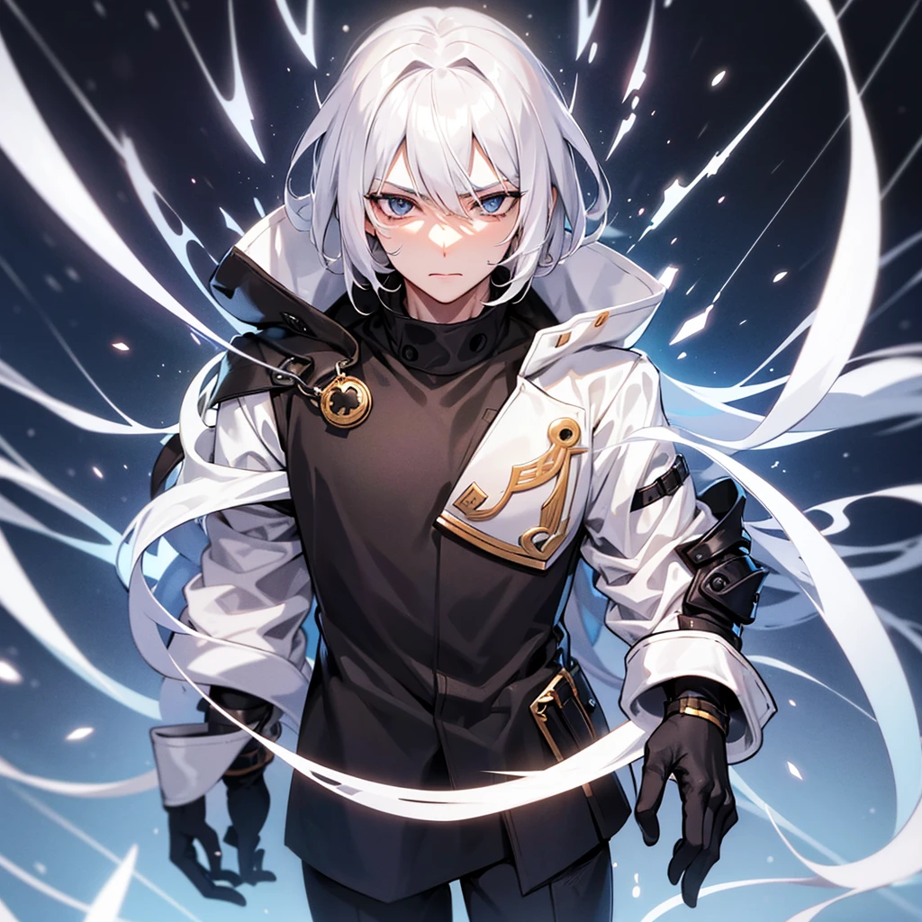 male character. naughty man. white hair. golden colored eyes. black clothing. Futuristic Setting. cold and cautious face