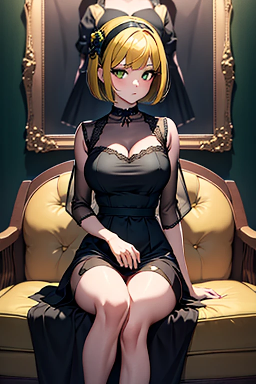 masterpiece, girl, bob hairstyle, summer dress, heels, from head to toe, black green & yellow aesthetic background, digital art, anime illustrations, ultra detailed, 8k resolutions, intricate
