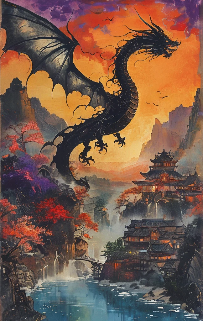 A white dragon lies in the middle of an endless field full of purple flowers, surrounded by snow-capped mountains and a blue sky sparkling with golden sunset rays. The whole scene is filled with a dreamy atmosphere, with vibrant colors and detailed background elements rendered in high resolution and detailed in a top quality illustration style. (Highest quality,4K,8K,High resolution,masterpiece:1.2),Super detailed,(Realistic,photoRealistic,photo-Realistic:1.37),Hot thick succubus mom with long black hair, deep black lips, She wears a revealing black leather outfit with BDSM themes.. Her outfit consists of a seductive bustier, accentuate her voluptuous figure. Her skin is a captivating shade of fiery red, Exudes a devilish charm. A pair of majestic demon wings gracefully grow from her back., Intricately detailed and intricately painted patterns. On her head, She has enchanted tiefling horns, Embodying her other-dimensional existence. The artwork should capture her captivating aura., Showing her confidence and strength. The lighting in the scene should accentuate the seductive curves of her body., Project dramatic shadows and highlights. The color palette should evoke a sense of darkness and desire., Rich black contrast, red, deep chestnut color.
