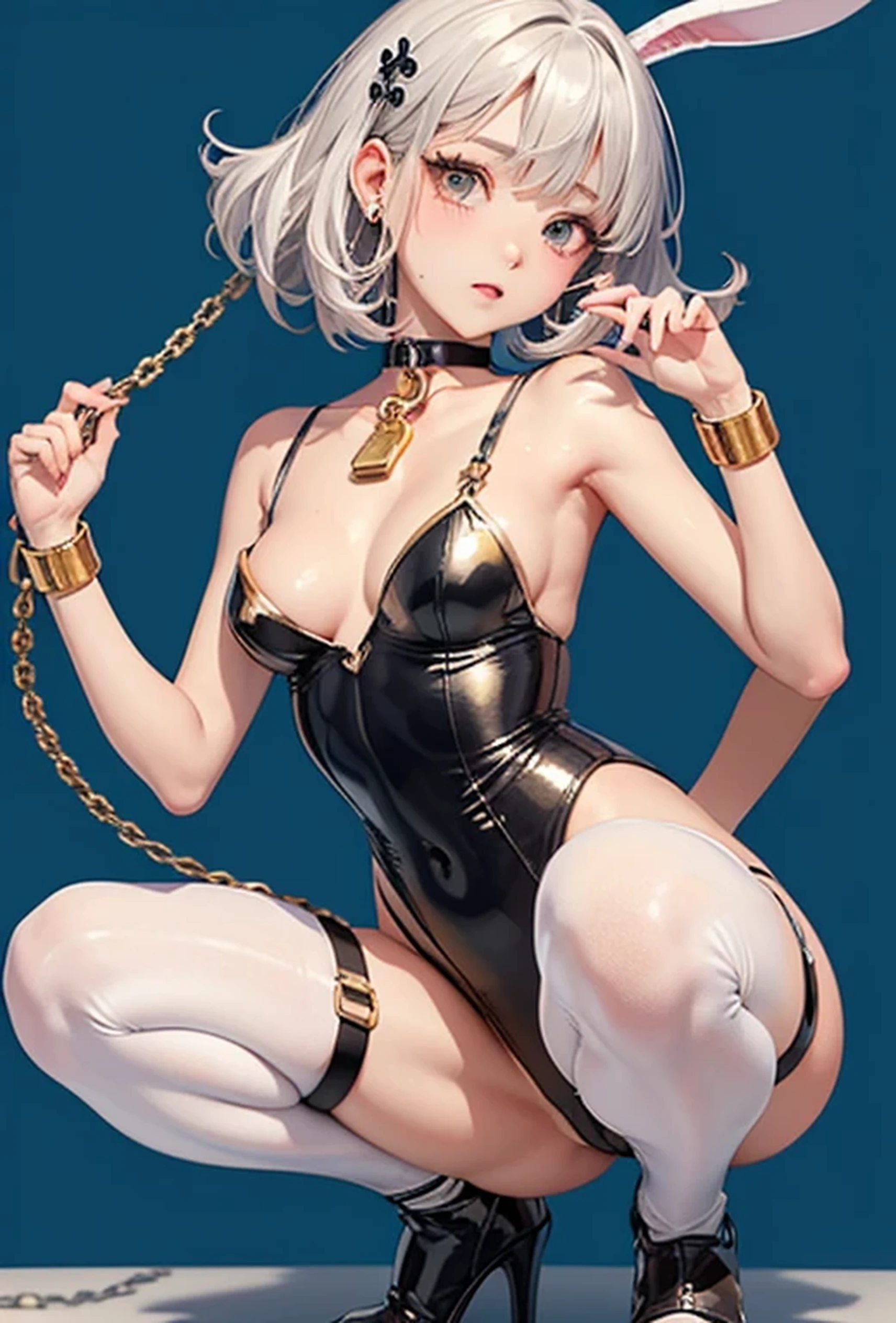 (Photorealistic:1.8, Highest quality:1.8,8K Masterpiece:1.8、Super detailed、Ultra-high resolution、Detailed Background)、((Flat Color))、((colorful))、Multicolored lighting、((Floating colorful water))、Blue background、
Bound masochist woman、Squat with your legs apart、Angle from behind、Random Pause、(Tanned brown skin、Chained、Golden Chain、Chained to the body、Chained first round、handcuffs)、Random Sexy Poses、Turn around、
(Medium Hair、Silver Hair、hair ornaments、choker)、(Bunny Suit、choker、Knee-high stockings、garter belt、White biting panties)、Beautiful hip line、TWICE's Tzuyu' on pause、Beautiful blue eyes、(A rich expression、smile)