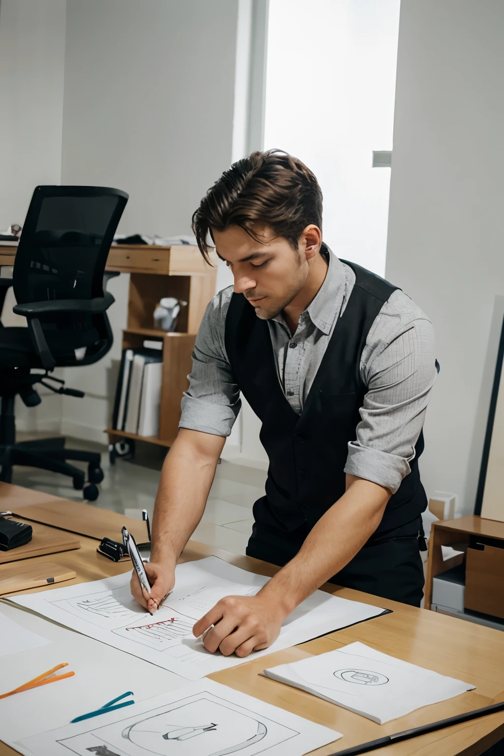 Create a man, working in a design studio..