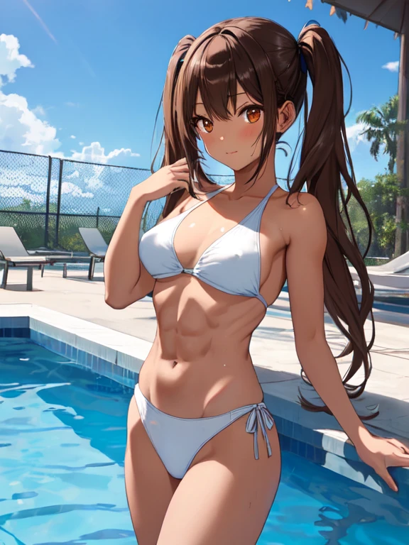 Brown Skin, Cute face:1.5, petite:1.5, , Long Hair:1.5, Twin tails, Brown Hair, White swimsuit:1.5, Pool, Small breasts, Toned body, Toned Abs, Pointed nipples, uhd, retina, masterpiece, ccurate, anatomically correct, textured skin, super detail, high details, high quality, best quality, highres, 4K