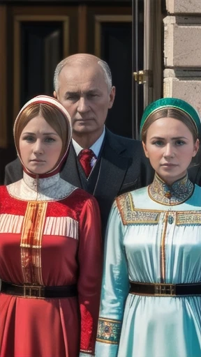 photo with color group of Russians on a street focus on the characters' faces