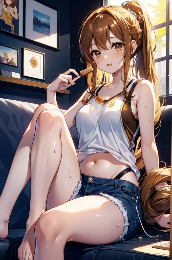 a sun ayuuki, a sun a yuuki, Long Hair, Brown Hair, (Brown eyes:1.8), ponytail,Sweat,濡れて透けたTank top,Tank top,Belly button,happy smile, smile, Open your mouth,Shorts,barefoot,Sitting on the sofa,Holding an ice cream in one hand,noon,Clear skies,
Break indoors,room,
壊す looking at viewer,Systemic
break (masterpiece:1.2), Highest quality, High resolution, unity 8k wallpaper, (shape:0.8), (Fine and beautiful eyes:1.6), Highly detailed face, Perfect lighting, Highly detailed CG, (Perfect hands, Perfect Anatomy),