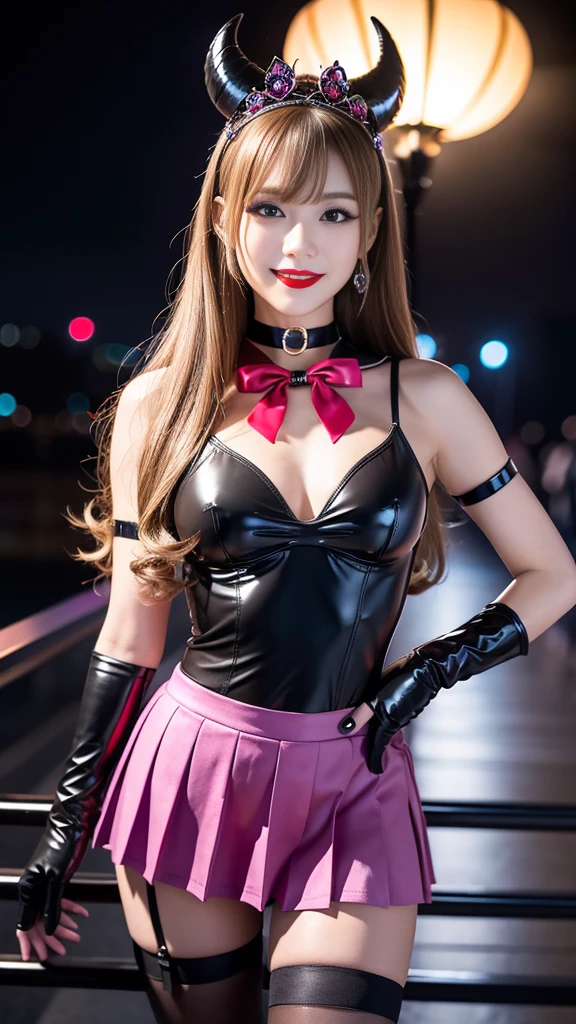 best quality、ultra-detailed、8K、Japanese、Japanese、Seductive beauty、seductive adult woman、Pretty Woman、cool girl、smirk、Wicked Smile、masterpiece、best quality、highres、1girl、独奏、slender、looking at viewer、standing、sv1、1, sailor senshi uniform, purple skirt, pleated skirt, Miniskirt, purple sailor collar, elbow gloves, black gloves, tiara, hair bow, red bow, choker, purple choker, black leotard, blonde hair, very long hair, jewelry, grin, blush, blonde hair,young, beautiful Japanese actress wearing villainous costume inspired by female demon. costume is glossy bodysuit with pink and black color scheme. Her headpiece and makeup are uniquely themed around lipstick and cosmetic bottles, with headpiece. Her makeup features villainous-style, with bold lipstick and dramatic eyeshadow. She is smiling enticingly, capturing essence of charismatic but dangerous character, action battle pose. at night, outdoor, town、Brown hair、wavy hair、swept bangs、piercing eyes、skin color pantyhose、night、inside darkroom、hand hold pantyhose、Are standing、shoot from below、Offer、shoot from below、Swear allegiance、I have pledged my allegiance、