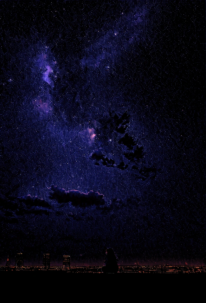 Octane, sky, star (sky), landscape, starry sky, night, only , night sky, alone, outdoors, sign, building, cloud, milky way, sitting, tree, long hair, city, silhouette, cityscape,8k