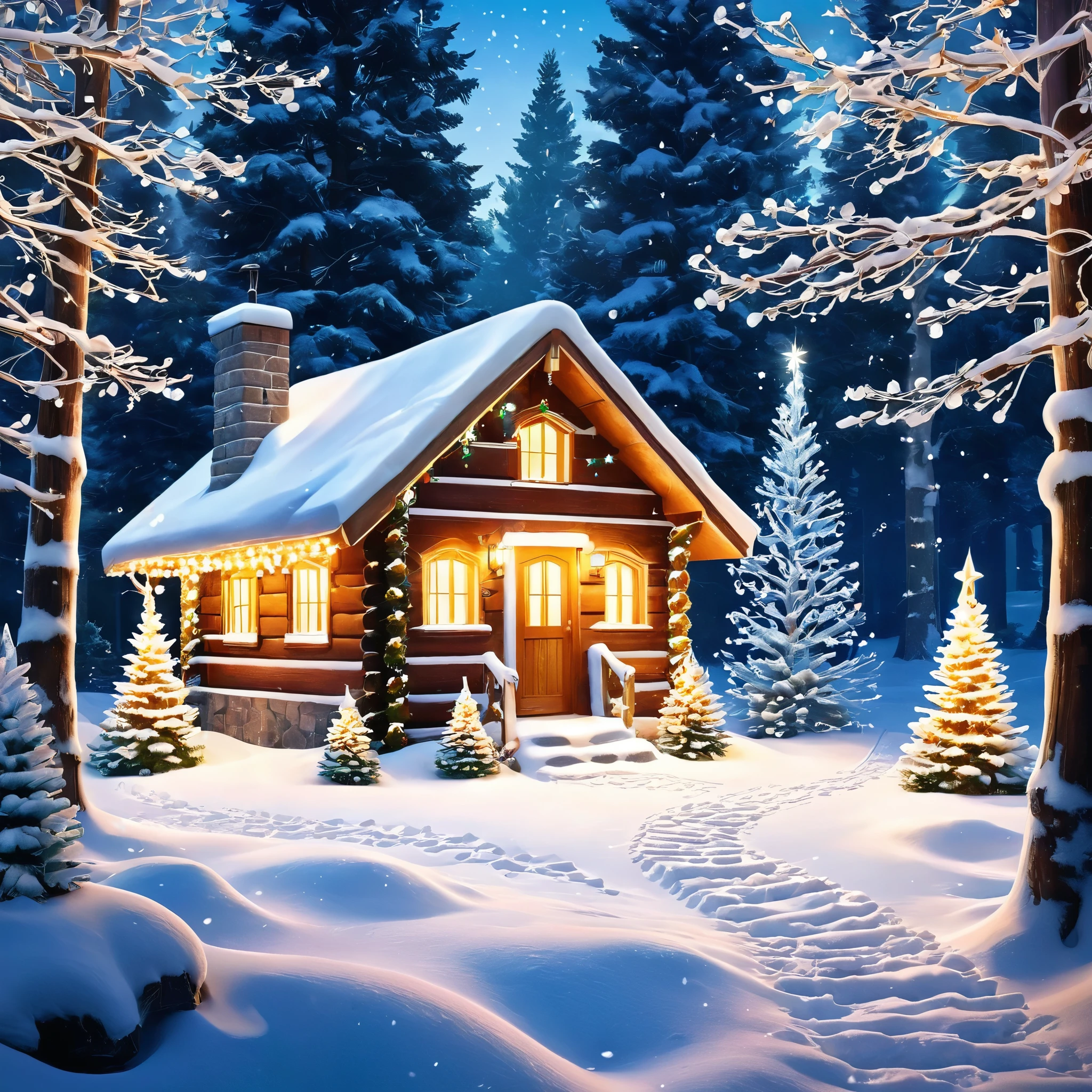 Create a magical Christmas forest scene with snow-covered trees, twinkling fairy lights, and a hidden path leading to a cozy cabin