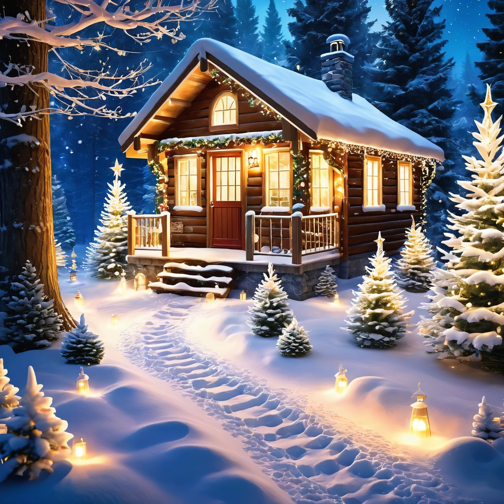 Create a magical Christmas forest scene with snow-covered trees, twinkling fairy lights, and a hidden path leading to a cozy cabin