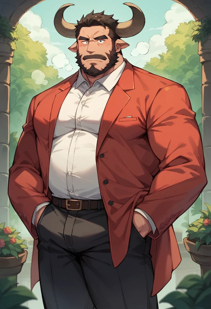buffalo,personification,Mature male,Bad Uncle,beard,Cold expression,Black pupil,Black eyebrows,red suit,Hands in pockets,The Age of Steam,garden。