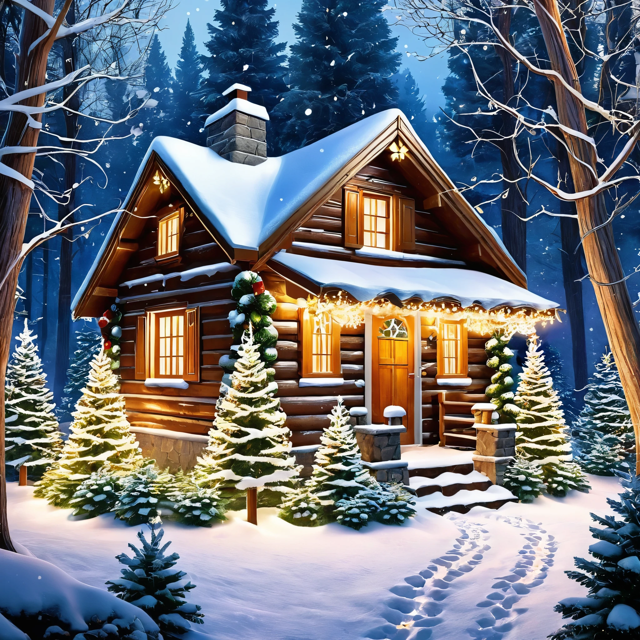Create a magical Christmas forest scene with snow-covered trees, twinkling fairy lights, and a hidden path leading to a cozy cabin